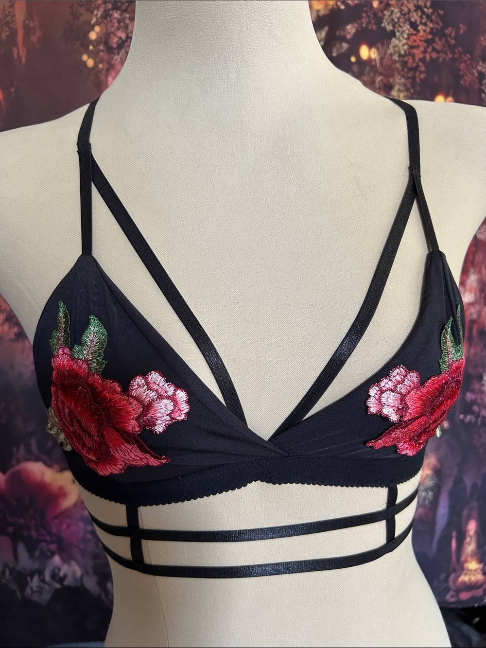 (NWOT) Black Floral Embroidered Strappy Bralette with Red Rose Accents